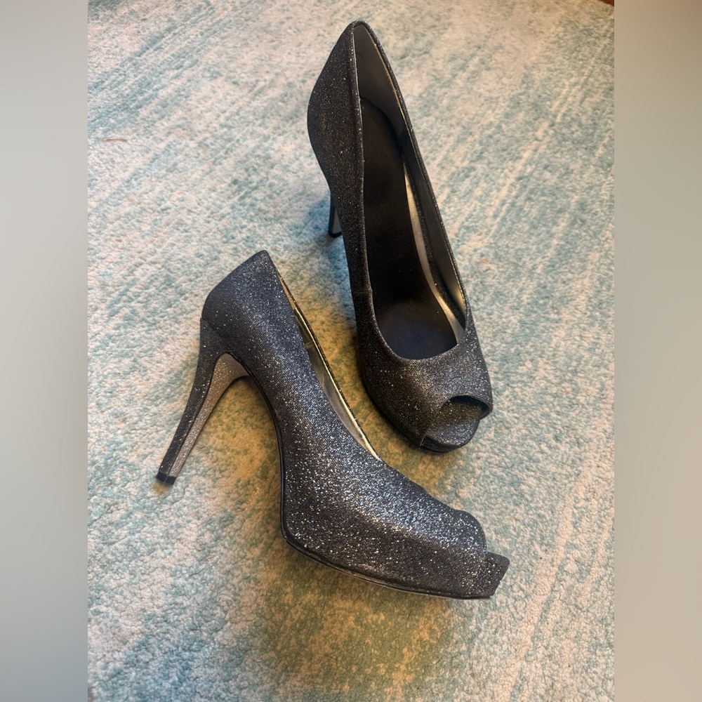 Elegant Black Glitter Peep-Toe Heels
